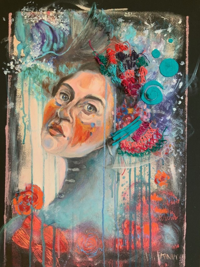 Marzenia,50x70 akryl, olej, materiał tusz, 2021