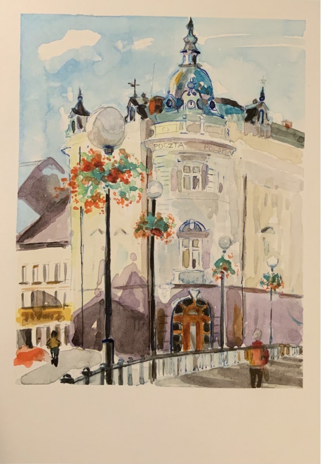 BIELSKO POCZTA, AKWARELA, 40X30, 2021